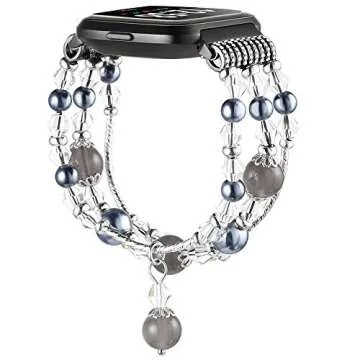 Simpeak Band Compatible with Fitbit Versa/Versa 2 / Versa Lite/Versa SE Smartwatch,Bracelet Elastic Beaded Pearl Band Replacement for Fitbit Versa,Women, Black