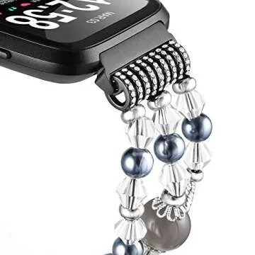 Simpeak Band Compatible with Fitbit Versa/Versa 2 / Versa Lite/Versa SE Smartwatch,Bracelet Elastic Beaded Pearl Band Replacement for Fitbit Versa,Women, Black
