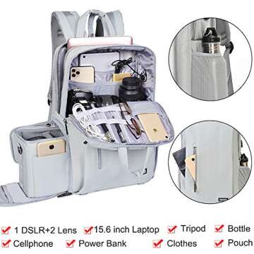 CADeN Camera Backpack w/ 15.6" Laptop Compartment, USB Charge Port, Tripod Holder, Rain Cover Compat...