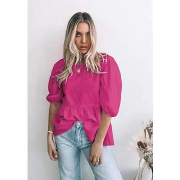 REDMORE Womens Summer Peplum Tops Loose Casual Tunic 2023 Balloon Sleeve Blouses Crew Neck Cute Shirts Pink