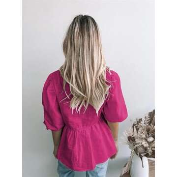 REDMORE Womens Summer Peplum Tops Loose Casual Tunic 2023 Balloon Sleeve Blouses Crew Neck Cute Shirts Pink
