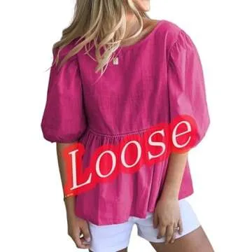 REDMORE Womens Summer Peplum Tops Loose Casual Tunic 2023 Balloon Sleeve Blouses Crew Neck Cute Shirts Pink