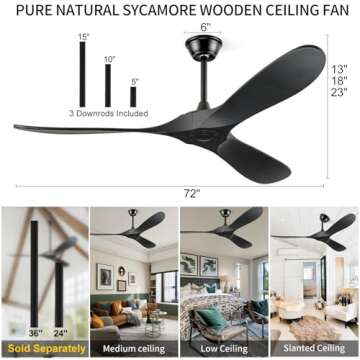 BOOSANT 72" Outdoor Ceiling Fans for Patios, Matte Black Ceiling Fans Without Lights, 3 Blades Wood Ceiling Fan with No Light by Remote Control Wet Rated for Indoor Outdoor, Porch, Farmhouse, Bedroom
