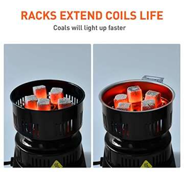 Electric Stove Coconut Charcoal Starter - ETL Approved Hot Plate Durable Faster Coal Burner 120V~600W with Detachable Handle Stainless Steel Grill & Rack Smart Heat Control Long Cable for BBQ Kitchen