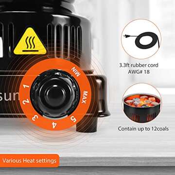 Electric Stove Coconut Charcoal Starter - ETL Approved Hot Plate Durable Faster Coal Burner 120V~600W with Detachable Handle Stainless Steel Grill & Rack Smart Heat Control Long Cable for BBQ Kitchen