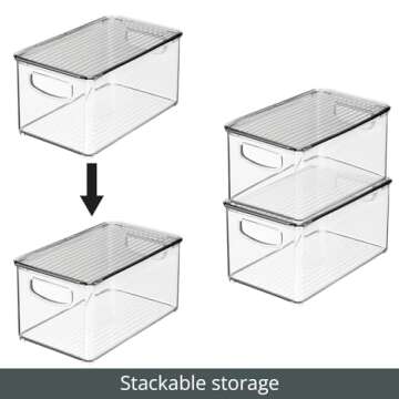 mDesign Plastic Deep Storage Bin Box Container with Lid and Built-In Handles - Organization for Fruit, Snacks, or Food in Kitchen Pantry, Cabinet, Cupboard, Ligne Collection, 4 Pack, Clear/Smoke Gray