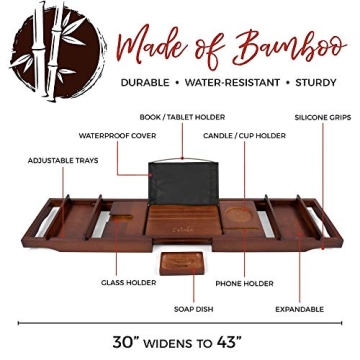 Estala Luxurious Bamboo Bathtub Tray Caddy- Expandable Sides Cherry Wood Bathtub Organizer with Candles, Book, Tablet, Phone, Wine Glass, Soap Holder - Nonslip Bottom - Shower Spa Accessories