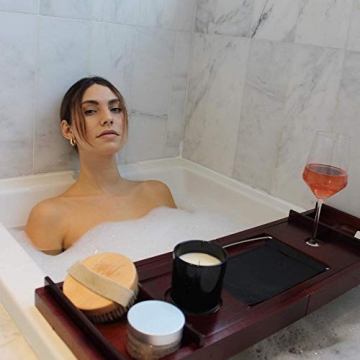 Estala Luxurious Bamboo Bathtub Tray Caddy- Expandable Sides Cherry Wood Bathtub Organizer with Candles, Book, Tablet, Phone, Wine Glass, Soap Holder - Nonslip Bottom - Shower Spa Accessories