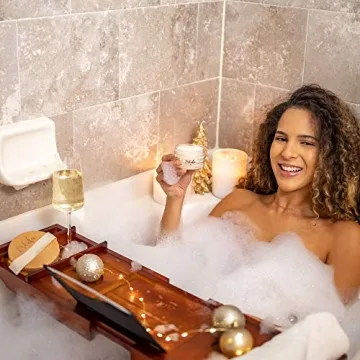 Estala Luxurious Bamboo Bathtub Tray Caddy- Expandable Sides Cherry Wood Bathtub Organizer with Candles, Book, Tablet, Phone, Wine Glass, Soap Holder - Nonslip Bottom - Shower Spa Accessories