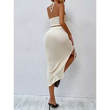 SOLY HUX Women's Summer 2 Piece Sexy Bodycon Outfits with Crop Halter Top & Drawstring Split Thigh Skirt Beige S