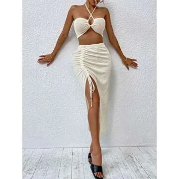 SOLY HUX Women's Summer 2 Piece Sexy Bodycon Outfits with Crop Halter Top & Drawstring Split Thigh Skirt Beige S