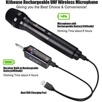 Kithouse K380S UHF Rechargeable Wireless Microphone Karaoke Mic Dual with Receiver System Set - Professional Handheld Dynamic Cordless Microphone for Singing Karaoke Speech Church