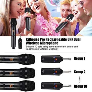 Kithouse K380S UHF Rechargeable Wireless Microphone Karaoke Mic Dual with Receiver System Set - Professional Handheld Dynamic Cordless Microphone for Singing Karaoke Speech Church