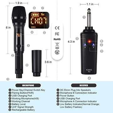 Kithouse K380S UHF Rechargeable Wireless Microphone Karaoke Mic Dual with Receiver System Set - Professional Handheld Dynamic Cordless Microphone for Singing Karaoke Speech Church