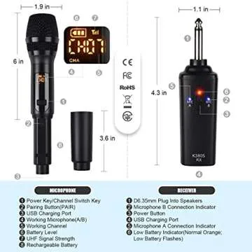 Kithouse K380S UHF Rechargeable Wireless Microphone Karaoke Mic Dual with Receiver System Set - Professional Handheld Dynamic Cordless Microphone for Singing Karaoke Speech Church
