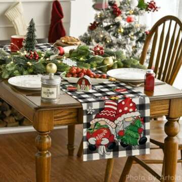 Artoid Mode Buffalo Plaid Gnome Bell Xmas Tree Christmas Table Runner, Seasonal Winter Kitchen Dinin...
