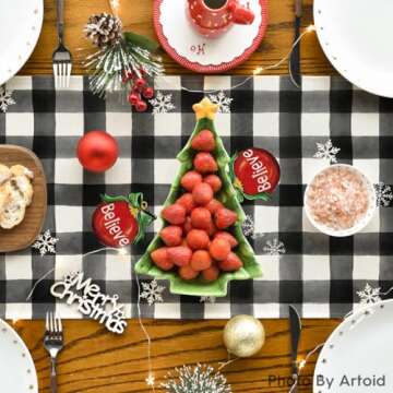 Artoid Mode Buffalo Plaid Gnome Bell Xmas Tree Christmas Table Runner, Seasonal Winter Kitchen Dining Table Decoration for Home Party Decor 13x72 Inch