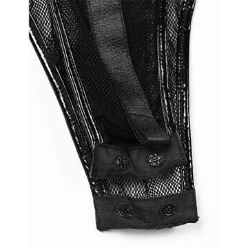 Crubelon Women’s Wet Look Lingerie Leather Bodysuit Mesh Patchwork Halter Neck High Cut Leotard Bodysuit Clubwear (Black, S)