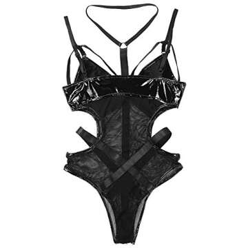Crubelon Women’s Wet Look Lingerie Leather Bodysuit Mesh Patchwork Halter Neck High Cut Leotard Bodysuit Clubwear (Black, S)