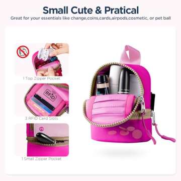 Babysun Mini Backpack Keychain Wristlet Pouch Small Change Coin Purse Cute Zipper Wallet With 3 RFID Card Slots For Women/Men Airpods Cosmetics (Hot Pink)