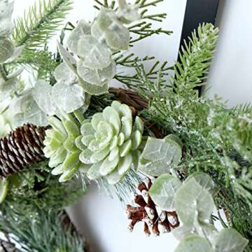 Idyllic 22 Inches Greenery Wreath with Snowy Pine Cone and Floral Accents
