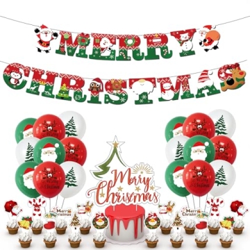 Merry Christmas Party Decorations Banner Balloon Cake topper Set, Happy Xmas Banner Garland Wall dec...