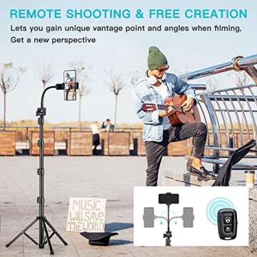 74" Flexible Phone Tripod, Tall Cell Phone Tripod with Adjustable Gooseneck & Remote, Portable Phone...