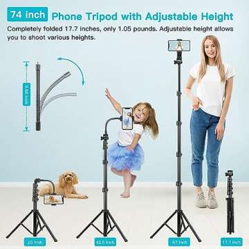 74" Flexible Phone Tripod, Tall Cell Phone Tripod with Adjustable Gooseneck & Remote, Portable Phone Stand Tripod for Video Recording, Overhead Cellphone Tripod, Compatible with iPhone Android