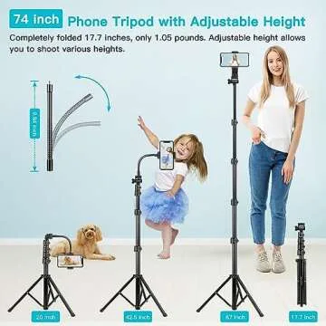 74" Flexible Phone Tripod, Tall Cell Phone Tripod with Adjustable Gooseneck & Remote, Portable Phone Stand Tripod for Video Recording, Overhead Cellphone Tripod, Compatible with iPhone Android
