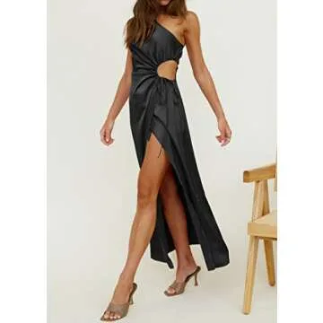BTFBM Women 2023 One Shoulder Prom Dresses Sleeveless Cutout Ruched Adjustable Split Satin Party Cocktail Maxi Dress