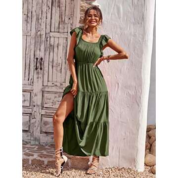 PRETTYGARDEN Women's Summer Bohemian Sleeveless Maxi Dress Square Neck Ruffle Flowy Long Sun Dress Wedding Guest Dress 2023 (Solid Army Green, Small)