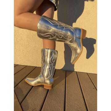 Arromic Wide Calf Silver Cowboy Boots Women Western Cowgirl Boots Square Toe Mid Calf Embroidered Pu...