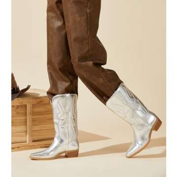 Arromic Wide Calf Silver Cowboy Boots for Women Fashion