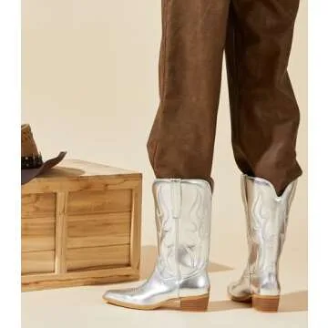Arromic Wide Calf Silver Cowboy Boots for Women Fashion