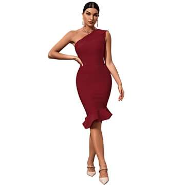 Maketina Womens Sexy One Shoulder Bodycon Bandage Dress Mermaid Cocktail Midi Dresses Trendy 2025 Wine red M
