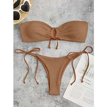 ZAFUL O Ring Bandeau Bikini Sets for Women Sexy Strapless Swimsuits 2 Piece High Cut Bathing Suit Side Tie Light Coffee L