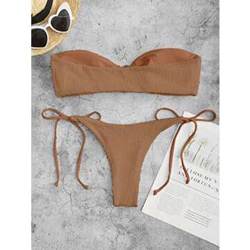 ZAFUL O Ring Bandeau Bikini Sets for Women Sexy Strapless Swimsuits 2 Piece High Cut Bathing Suit Side Tie Light Coffee L