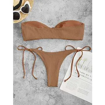 ZAFUL O Ring Bandeau Bikini Sets for Women Sexy Strapless Swimsuits 2 Piece High Cut Bathing Suit Side Tie Light Coffee L