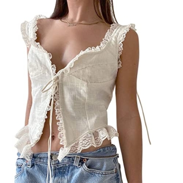 Women Lace Trim V Neck Cami Sleeveless Spaghetti Strap Tanks Vintage Patchwork Slim Fit Camisole Ele...