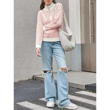 Saodimallsu Womens Striped Sweaters Quarter Zip V Neck Collared Long Sleeve Ribbed Knit Loose Pullover Sweater Pink