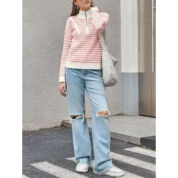 Saodimallsu Womens Striped Sweaters Quarter Zip V Neck Collared Long Sleeve Ribbed Knit Loose Pullover Sweater Pink