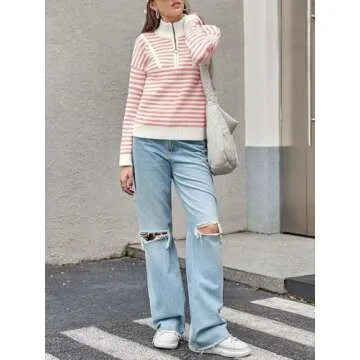 Saodimallsu Womens Striped Sweaters Quarter Zip V Neck Collared Long Sleeve Ribbed Knit Loose Pullover Sweater Pink