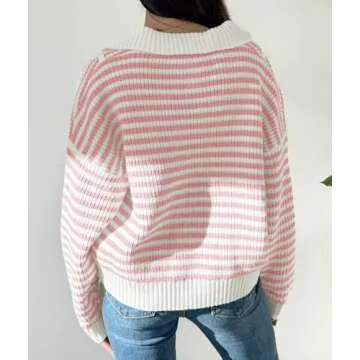 Saodimallsu Womens Striped Sweaters Quarter Zip V Neck Collared Long Sleeve Ribbed Knit Loose Pullover Sweater Pink