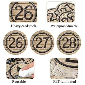 40 Pieces Laminated Industrial Student Numbers Cutouts Circle Wood Grain Cutouts Bulletin Board Accents Cutouts with 40 Adhesive Glue Point Dots for Toddler Kids Preschool Classroom Decorations
