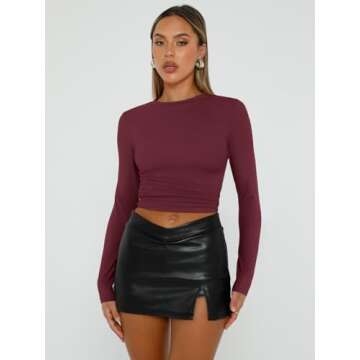 Trendy Queen Womens Long Sleeve Shirts Basic Tees Crop Tops Going Out Spring 2025 Workout Outfits Y2...