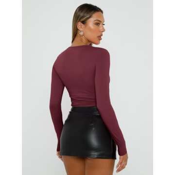 Trendy Queen Womens Long Sleeve Shirts Basic Tees Crop Tops Going Out Spring 2025 Workout Outfits Y2k Clothes Wine Red XS