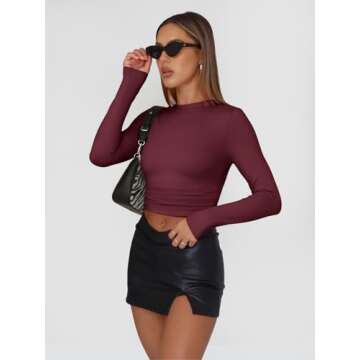 Trendy Queen Womens Long Sleeve Shirts Basic Tees Crop Tops Going Out Spring 2025 Workout Outfits Y2k Clothes Wine Red XS