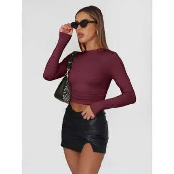 Trendy Queen Womens Long Sleeve Shirts Basic Tees Crop Tops Going Out Spring 2025 Workout Outfits Y2k Clothes Wine Red XS