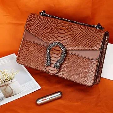 Aiqudou Crossbody Bag Chain Purse for Women - Snake Print Evening Handbag Leather Shoulder Satchel Bag(NEW Brown)