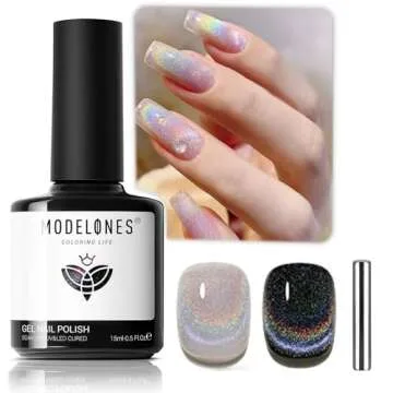 modelones Cat Eye Gel Nail Polish, 15 ML Rainbow Glitter Holographic Cat Eye Gel Polish with Magnet ...